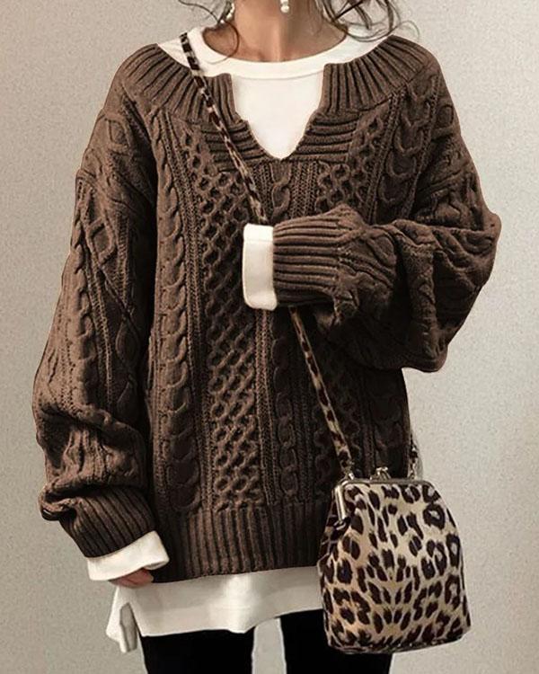 Cable Knit Boat Neck Long Sleeves Loose Sweater