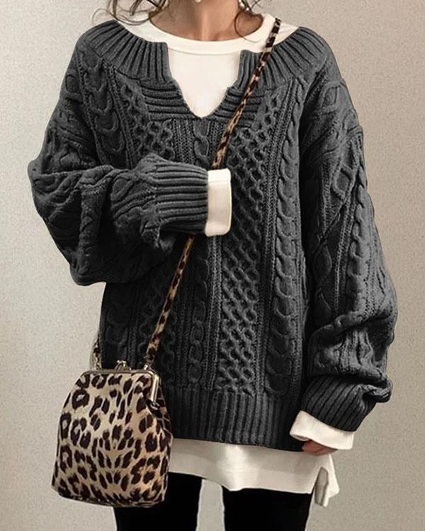 Cable Knit Boat Neck Long Sleeves Loose Sweater