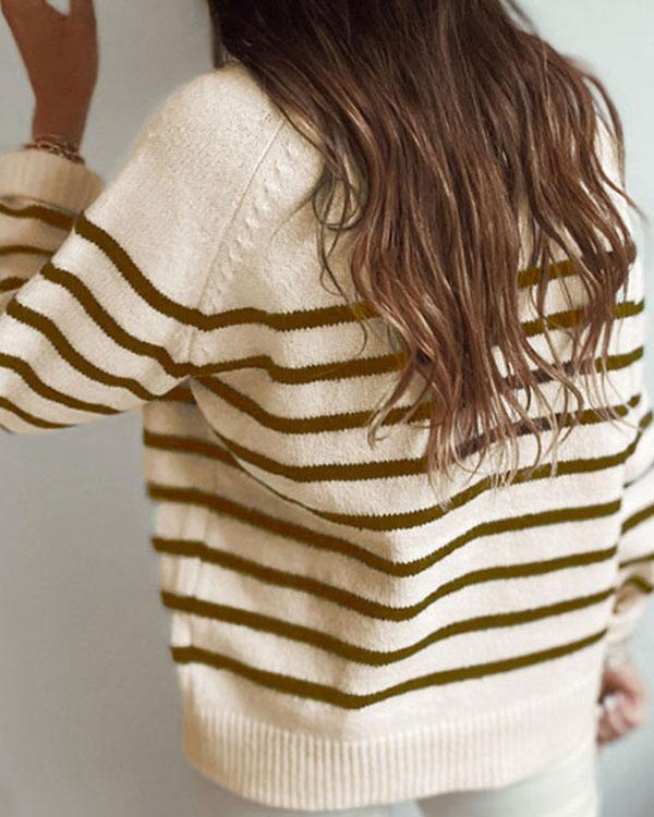 Crew Neck Stripe Long Sleeves Button Sweater