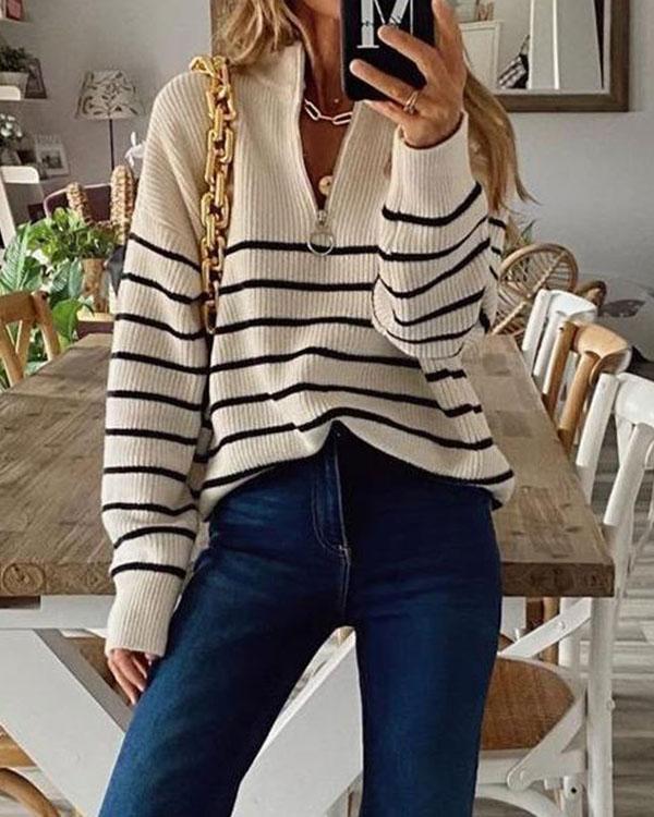 Stand Collar Stripe Long Sleeves Zipper Sweater