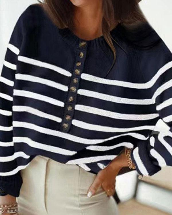 Crew Neck Stripe Long Sleeves Button Sweater