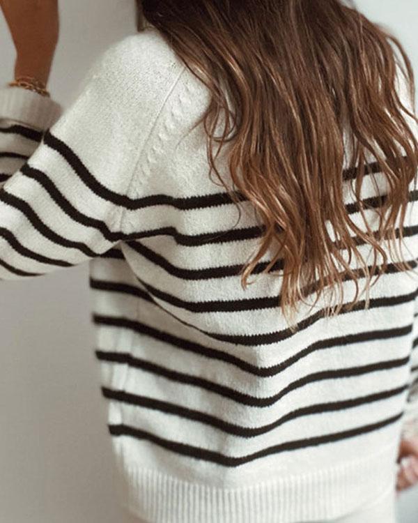 Crew Neck Stripe Long Sleeves Button Sweater