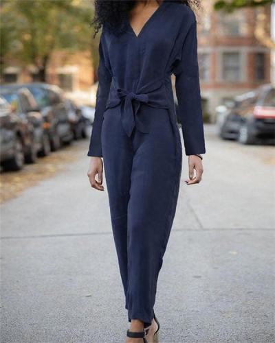 Long Sleeve V-neck Top Belt Jumpsuit