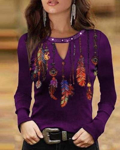 Feather Print Long-sleeved Tops