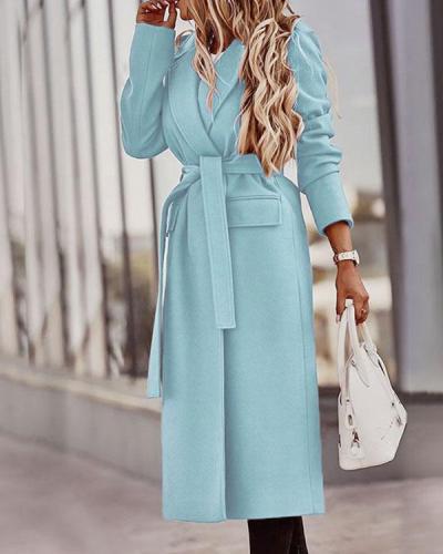 Lapel Cardigan Solid Color Belted Long-sleeved Woolen Coat