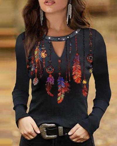 Feather Print Long-sleeved Tops