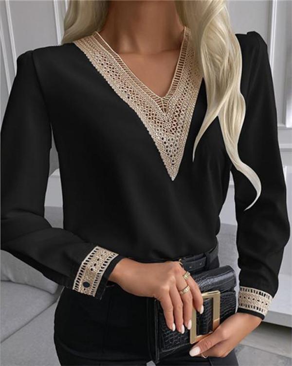 V-neck Lace Cut-out Long-sleeved Shirt