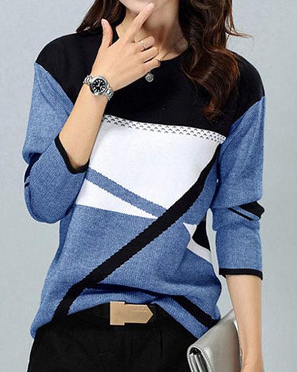 Contrast Print Round Neck Long Sleeves Top