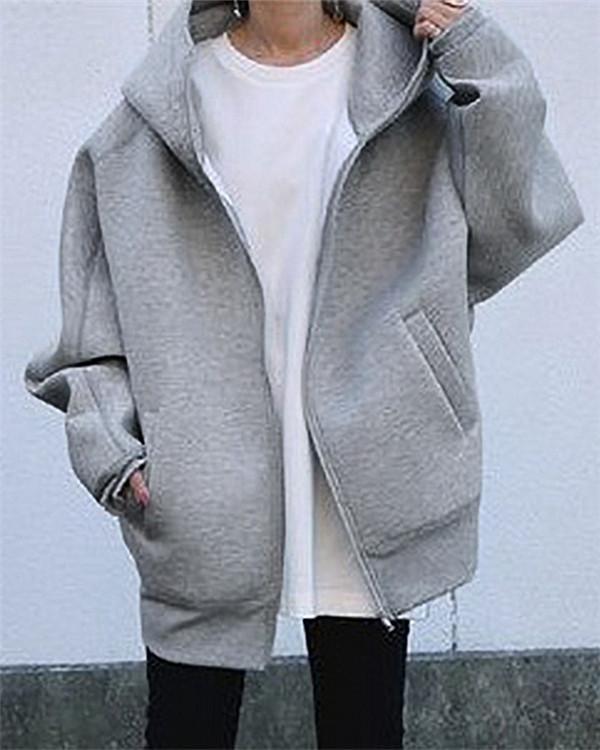 Zipper Hooded Long Pocket Plus Fleece Sweater Coat