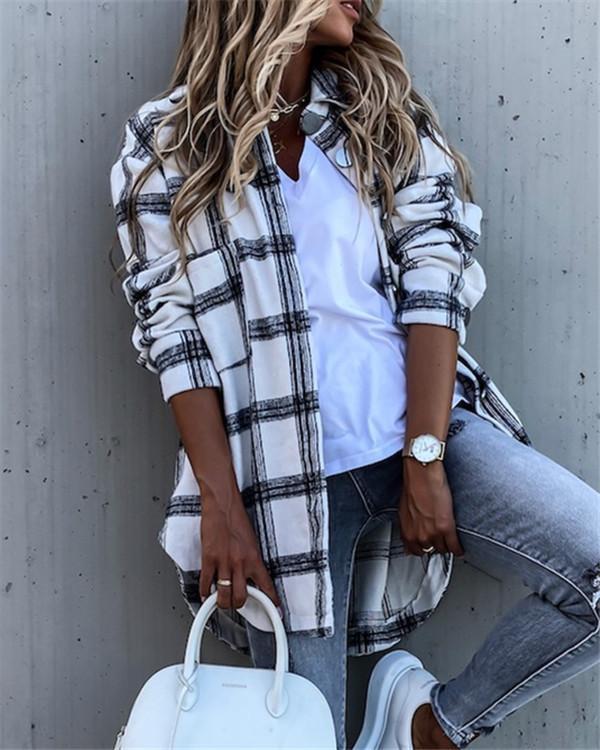 Long Sleeve Plaid Shirt Mid-length Coat