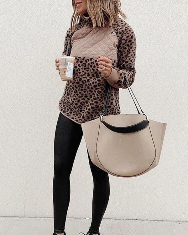 Women Button Long Sleeve Leopard Sweatshirt