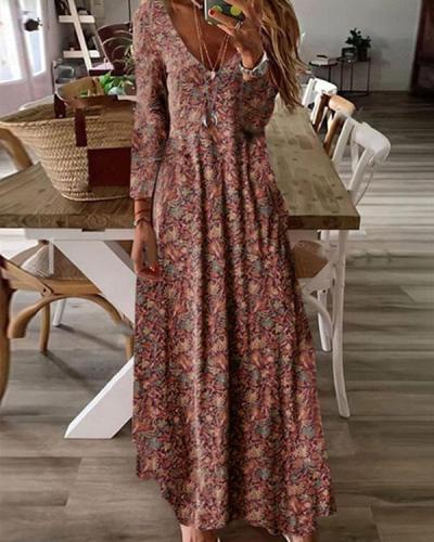 Autumn Boho A Line Retro Print Maxi Dress