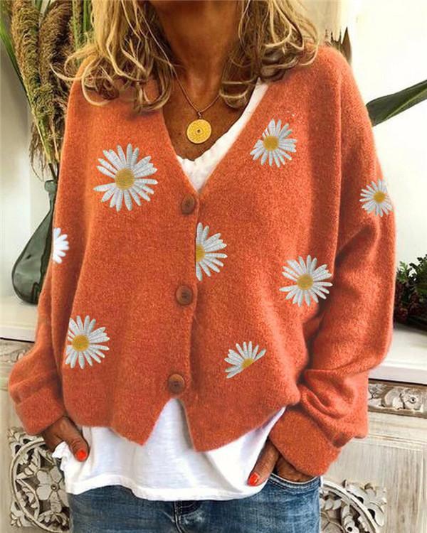 Knit Sweater Single-breasted Autumn Chrysanthemum Embroidered Jacket