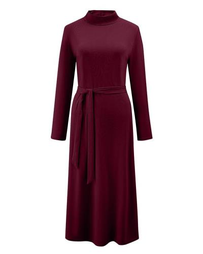 High-neck Solid Color Long-sleeved Dress