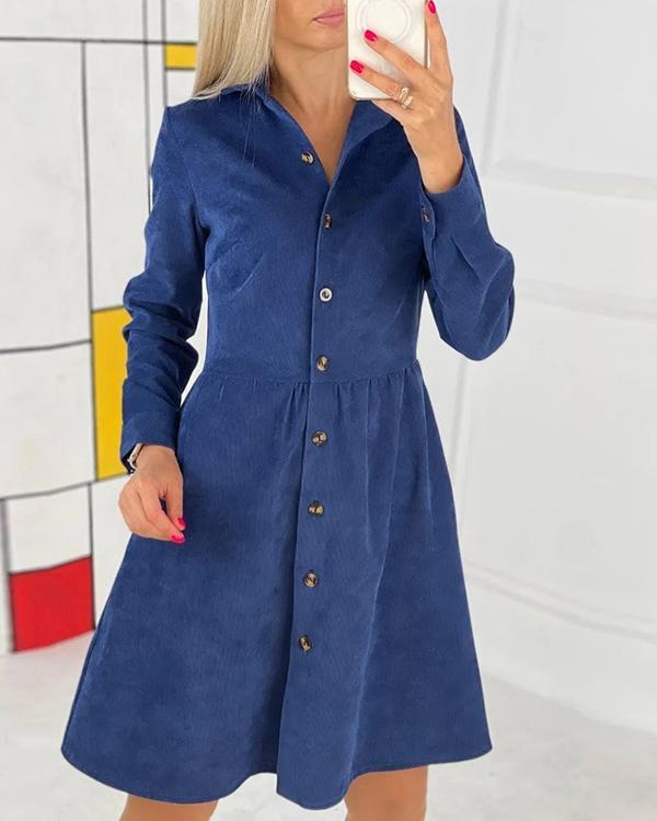 Long Sleeve Single-breasted Corduroy Dress