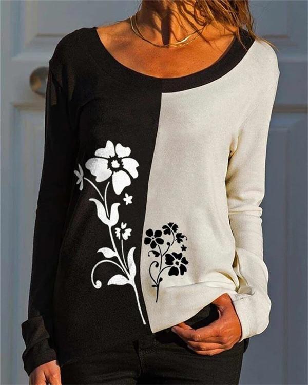 Loose Contrast Print Long-sleeved T-shirt