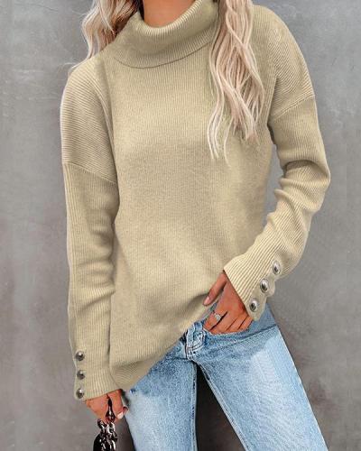 Metal Button Decor Pure Color Turtleneck Rib Sweater