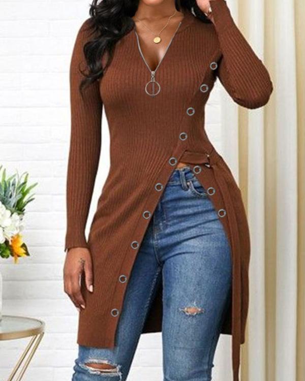 Side Slit Round Neck Long Sleeve Sweater