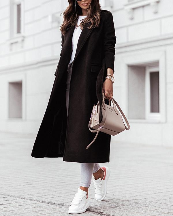 Long Sleeve V-neck Tie Woolen Coat