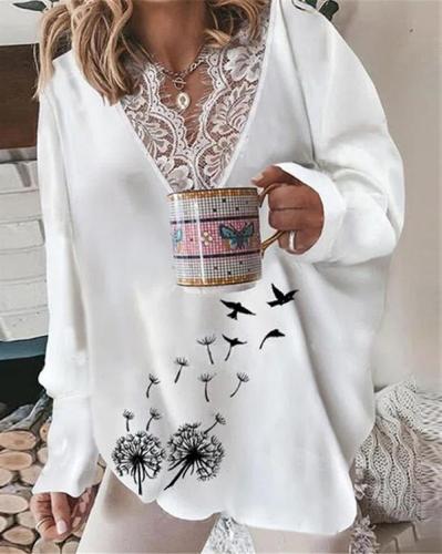 V-neck Lace Stitching Printed Loose Shirt