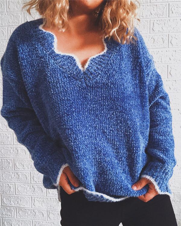 V-neck Long-sleeved Casual Solid Color Pullover