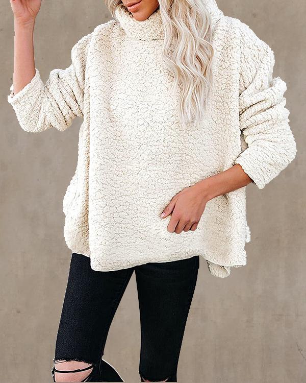 Solid Color Oversize Plush Turtleneck Pullover