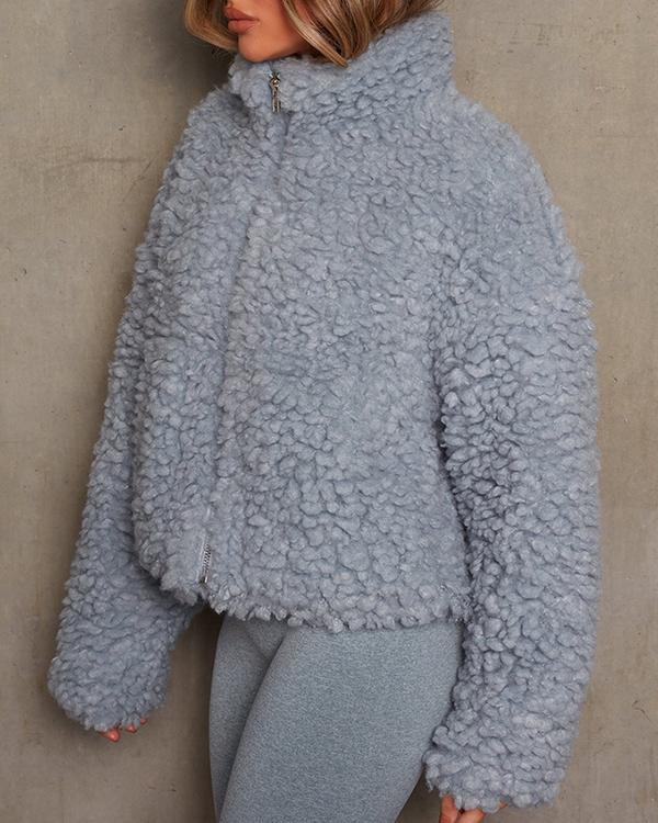Solid Loose Stand Collar Plush Polar Fleece Zipper Coat