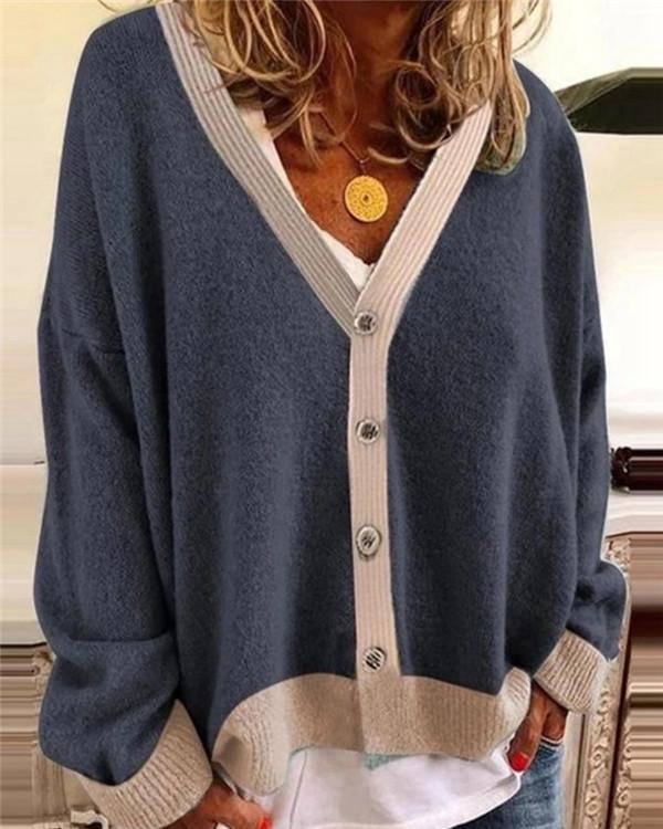 V-neck Contrast Stitching Loose Sweater Pullover