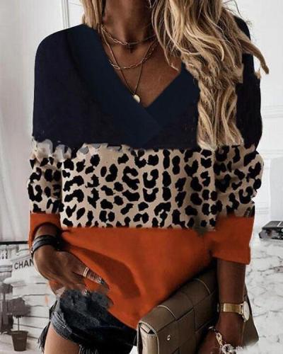 Casual Leopard V Neck Colorblock Autumn Pullover Top