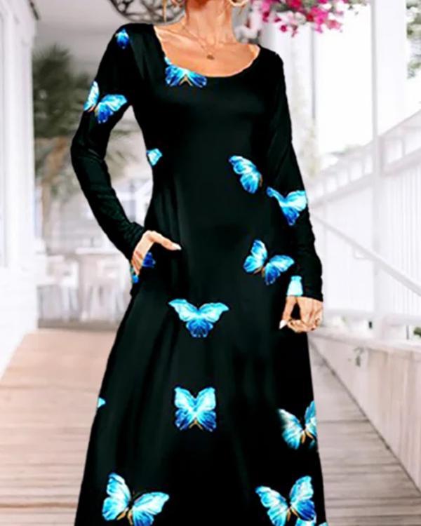 Casual Dresses Black & Aqua Blue Butterfly Pocket Long Sleeve Maxi Dress
