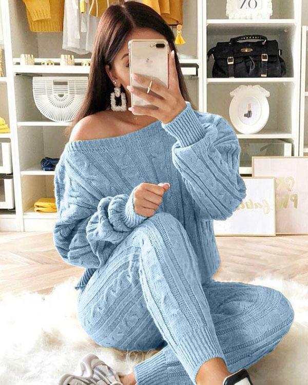 Women's Stylish Round Neck Two Piece Casual Warm Knit Wear Suit Sets