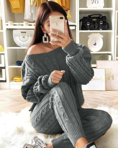 Women's Stylish Round Neck Two Piece Casual Warm Knit Wear Suit Sets