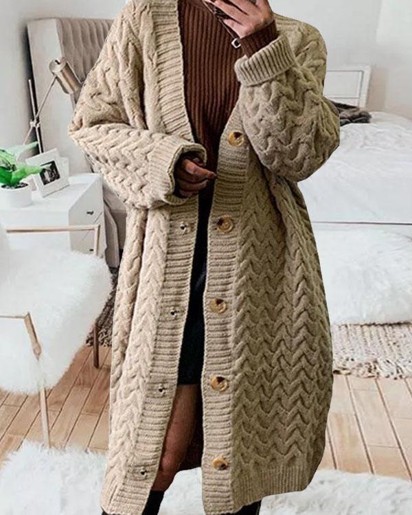 Women's Cable Knit Crotchet Button Winter Warm Long Knitted Cardigan