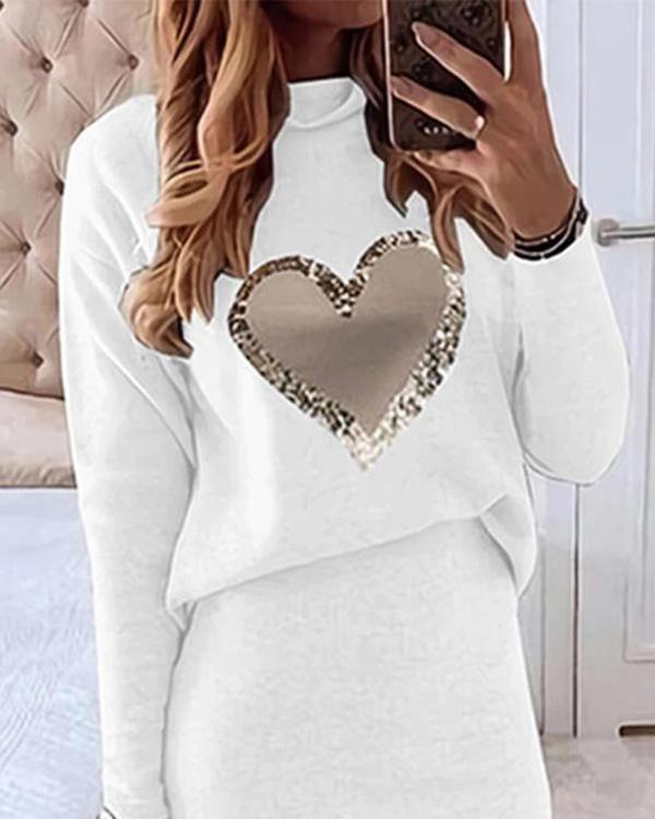 Love Print Long-sleeved A-line Casual Midi Dress