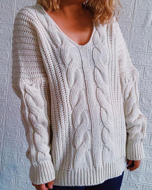 Cable Knit Chunky Casual V Neck Pullover Sweater