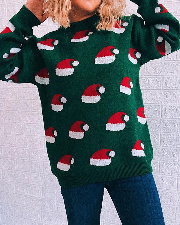 New Year's Christmas Hat Print Knitted Pullover Sweater