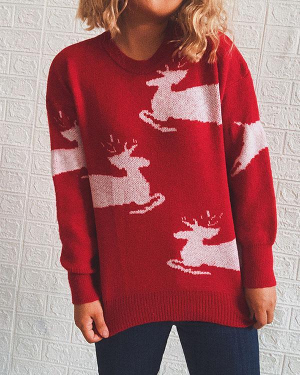 Christmas Elk Bell Snowflake Bow Print Knitted Pullover Sweater