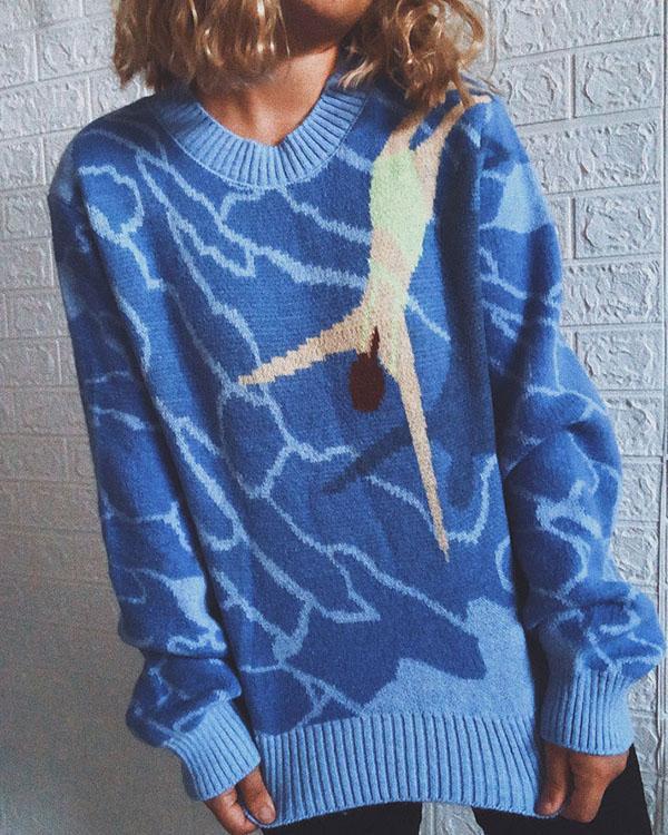Casual Ocean Diving Print Knitted Pullover Sweater