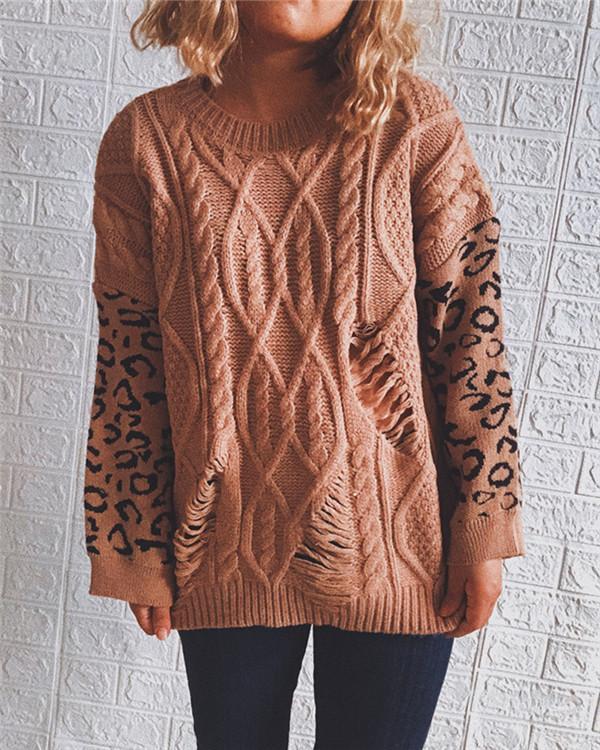 Leopard Print Stitched Crew Neck Knitted Sweater