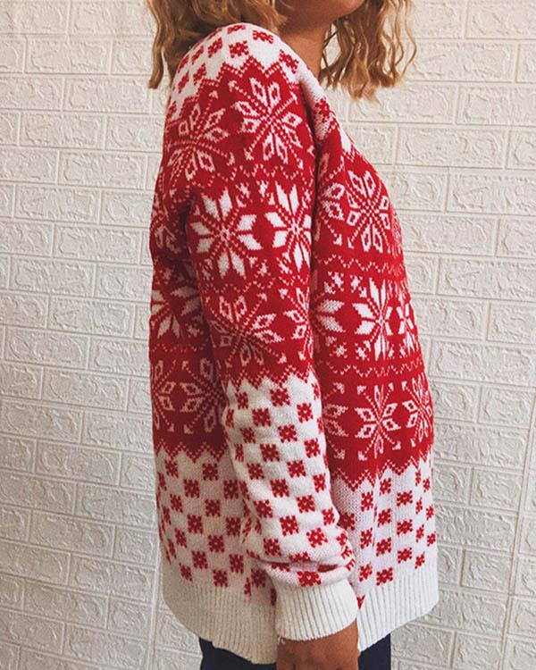 Christmas Snowflake Red White Crotchet Knitted Pullover Sweater