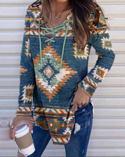 V-neck Tether Print Pullover Long Sleeves Top
