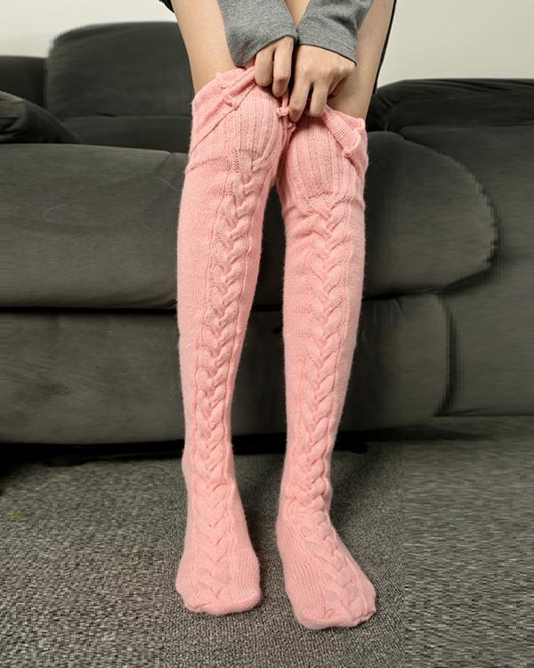 Women Cable Knit Stockings Woolen Socks