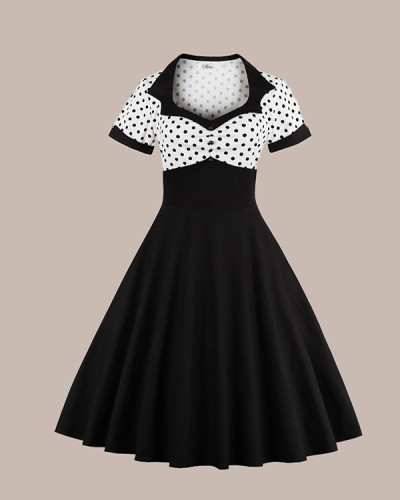 Hepburn Polka Dot Square Collar Retro Dress