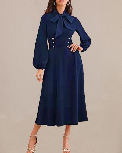 Navy Blue Hepburn Style Bow Tie Medieval Retro Midi Dress