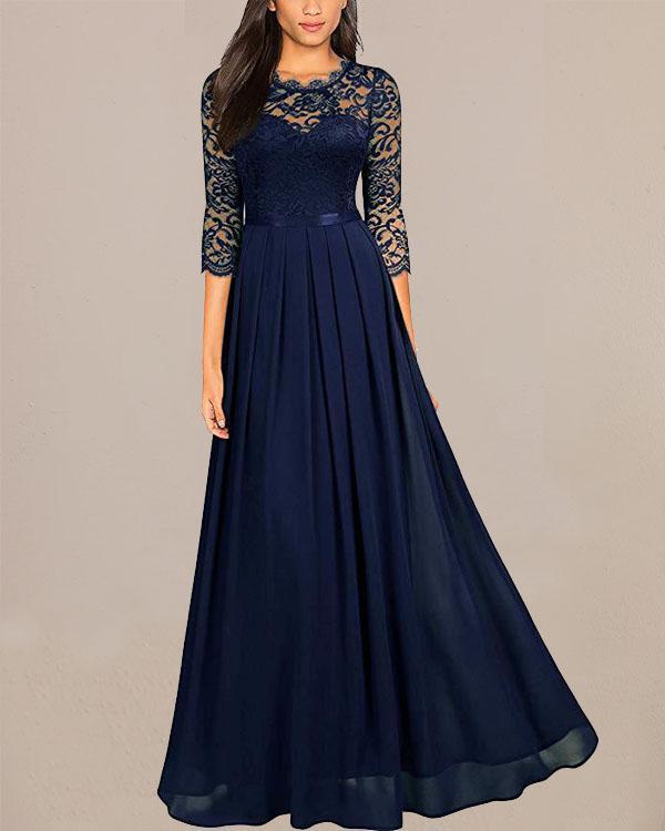 Elegant Lace Patchwork Evening Party Dress Long Sleeve Prom Maxi Dress