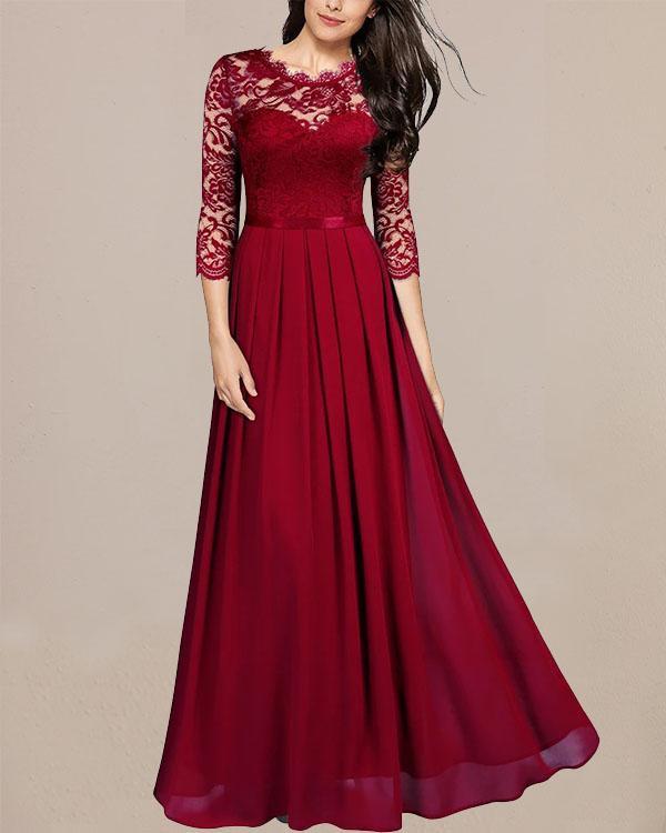 Elegant Lace Patchwork Evening Party Dress Long Sleeve Prom Maxi Dress