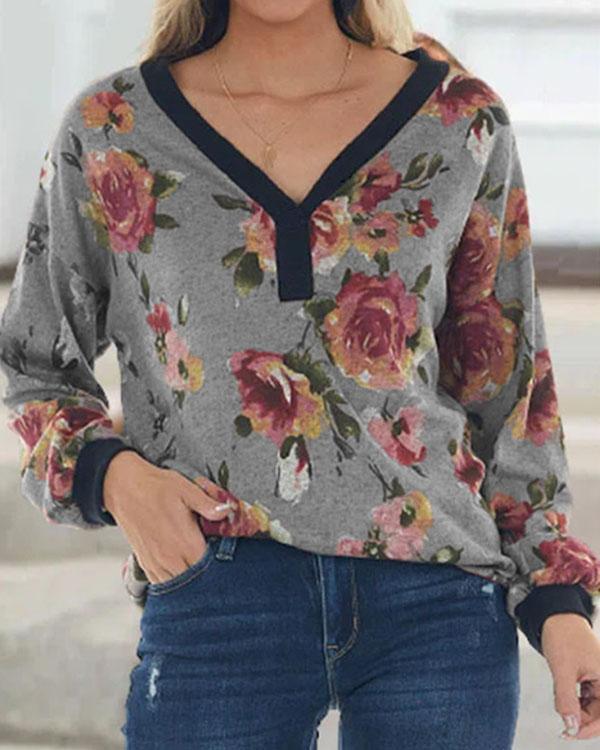 V-neck Flora Casual Comfy Leisure Long-sleeved Top