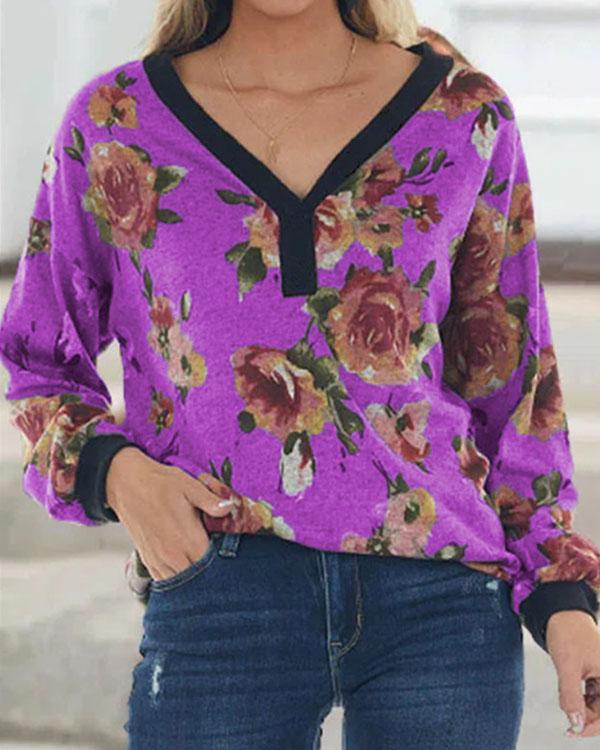 V-neck Flora Casual Comfy Leisure Long-sleeved Top