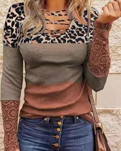 Lace Long-sleeved V-neck Printed Women's T-shirt