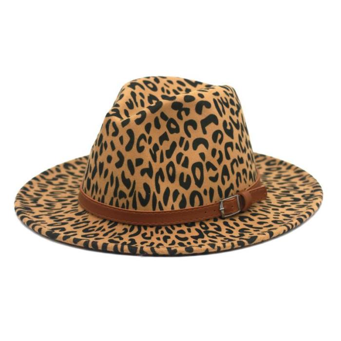 Wide brim leopard hat with buckle band